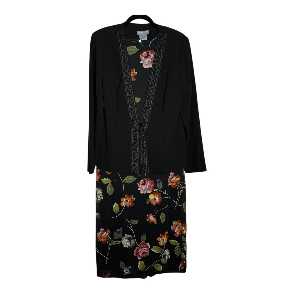 Koret Dress Set Women's Size‎ 10 Black Floral Sleeveless Maxi Dress Blazer